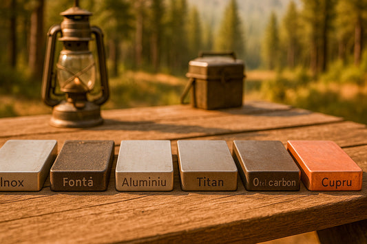 Mostre materiale gratar camping inox fonta aluminiu titan otel carbon cupru pe masa lemn in natura padure fundal outdoor